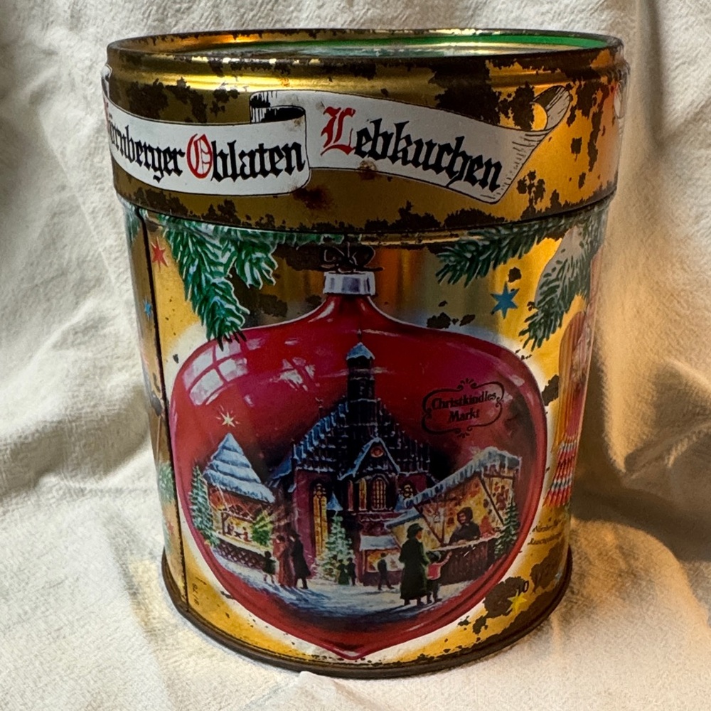 Festive vintage Gold and Red German Holiday Tin